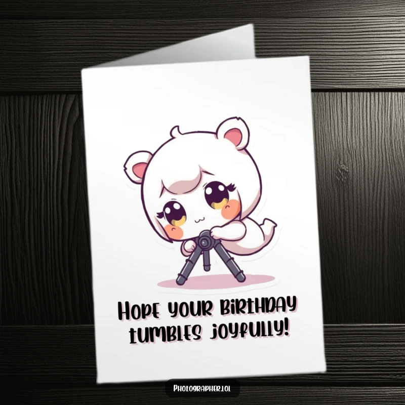 Funny Free Printable Birthday Card: Tiny character with wide eyes playfully tumbling head over heels with a camera tripod, full of birthday energy.
