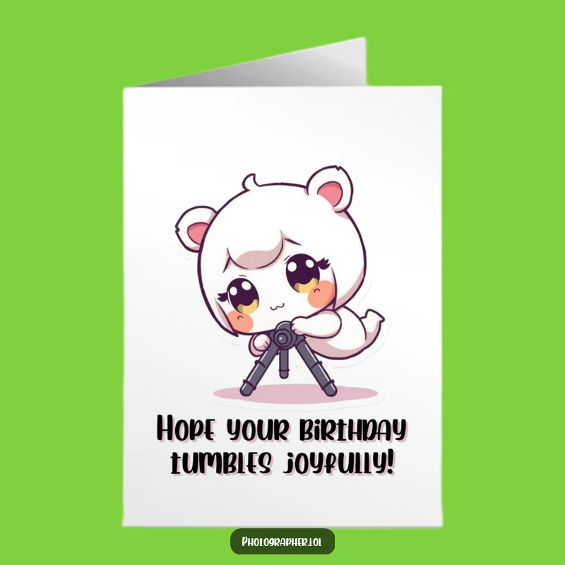 Free Printable Birthday Card: Funny Tiny Character Tumbles with Tripod, Humorous Downloadable Gift