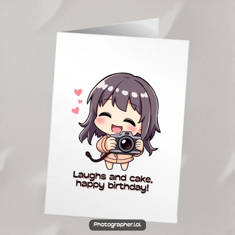 Funny free printable birthday card showing a character playfully tilting a camera while laughing heartily.