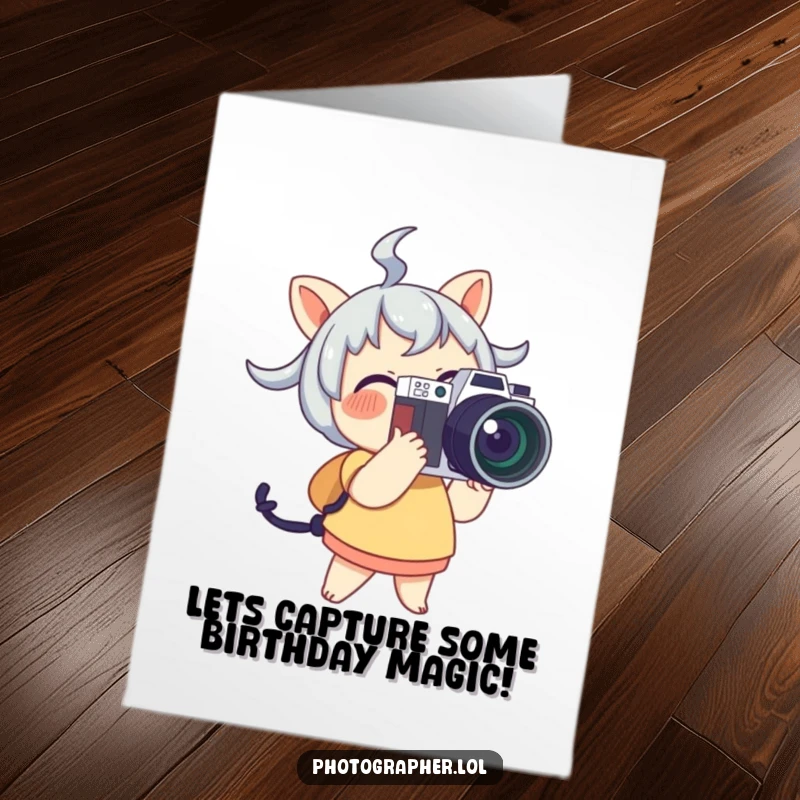 Funny Free Printable Birthday Card: Cute character joyfully holding a large camera with a flash, ready to capture birthday memories.