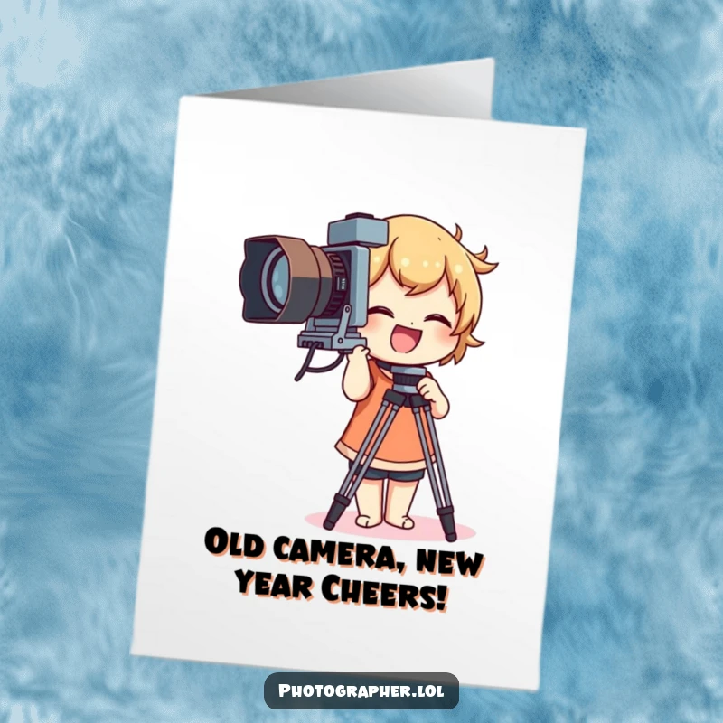 Funny Free Printable Birthday Card: Giggle-inducing photographer adjusting vintage camera tripod, ready for a birthday shot.