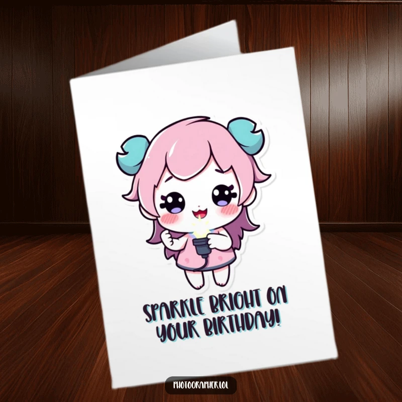Funny Free Printable Birthday Card: A playful character holding a bright flash bulb emitting dazzling sparkles for a festive occasion.