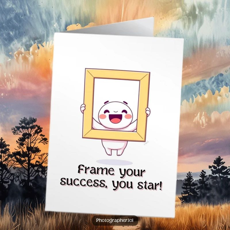 Funny Free Printable Congrats Card: Joyful kawaii character holding a giant colorful photo frame, celebrating a big achievement with a huge smile.