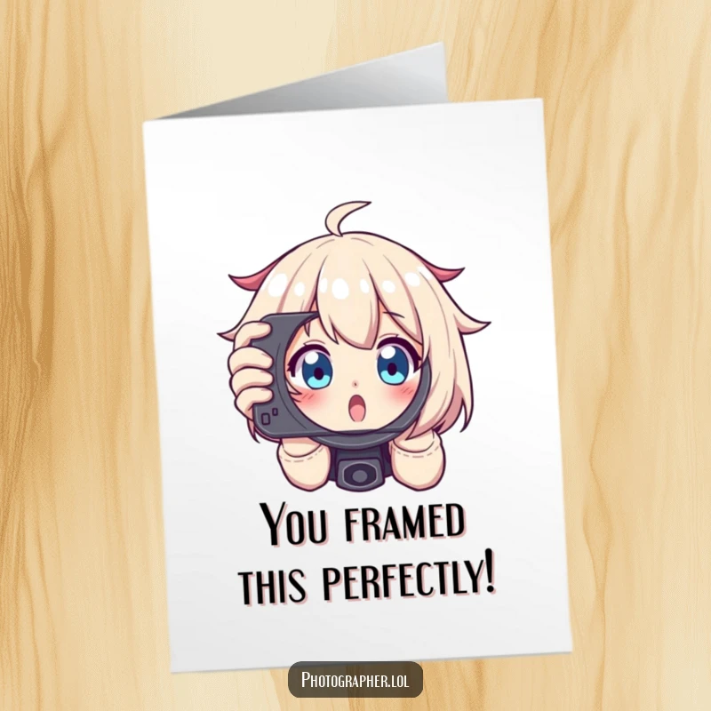 Funny Free Printable Congrats Card: Photographer with wide eyes excitedly framing a shot through a viewfinder.