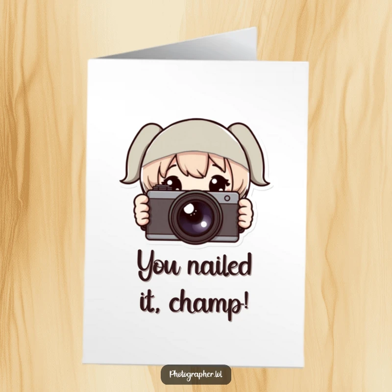 Funny Free Printable Congrats Card: A character peeks from behind a camera, eyes wide, ready to celebrate their success with a DIY gift.
