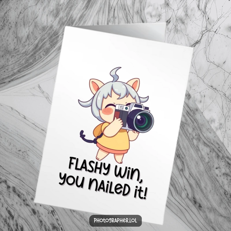 Funny Free Printable Congrats Card: Cute character joyfully holding a large camera with a flash, celebrating achievements with photographic glee.