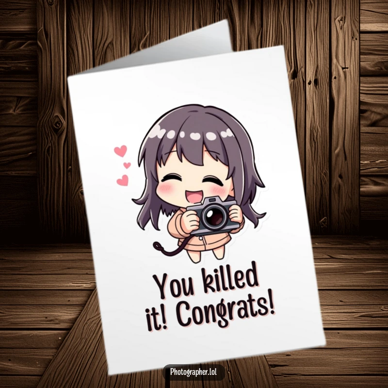 Funny free printable congratulations card with a character playfully holding a camera and laughing.
