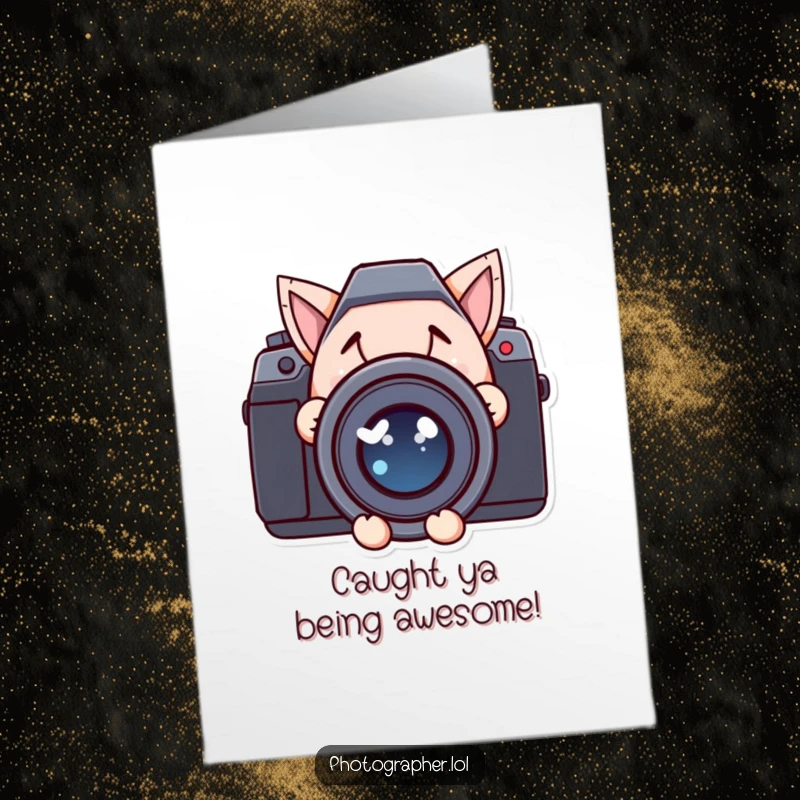 Funny Free Printable Congratulations Card: Character peeking behind a camera lens, mischievous grin about their success.
