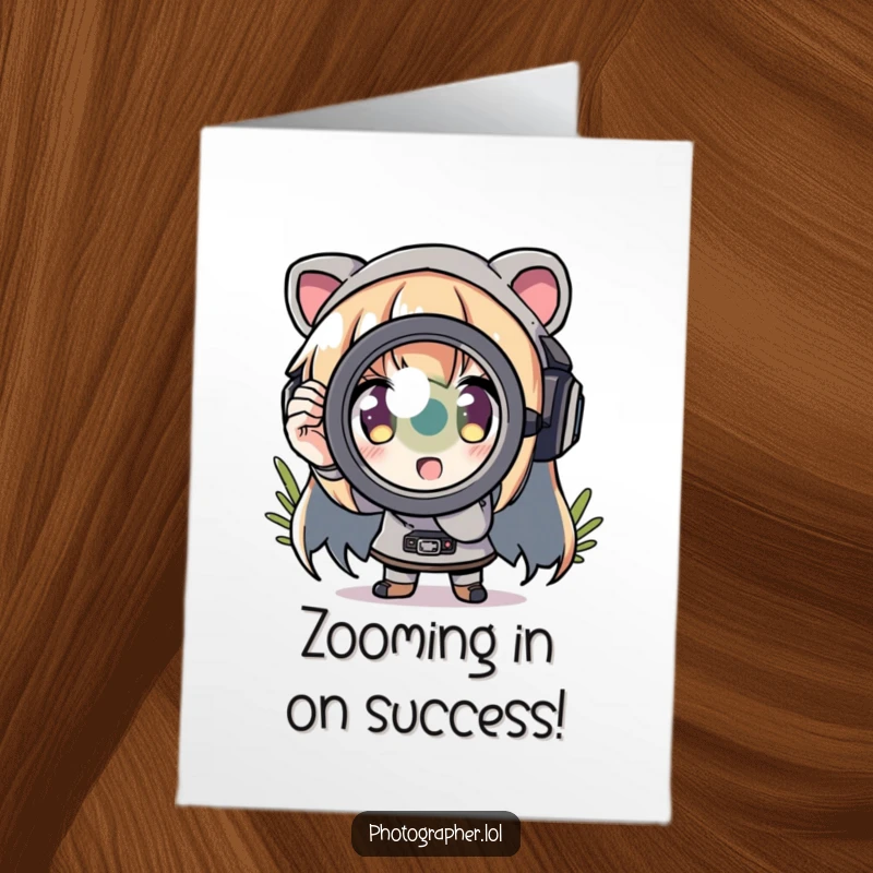 Funny Free Printable Congratulations Card: Character zooming into scene with exaggerated lens, great for DIY.