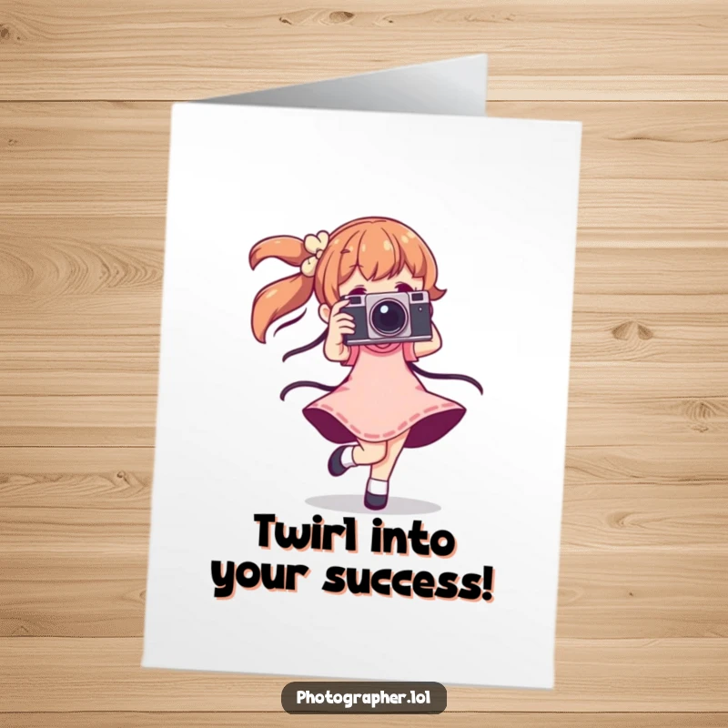 Funny Free Printable Congrats Card: Character dancing with vintage camera, mid-twirl, perfect downloadable gift.