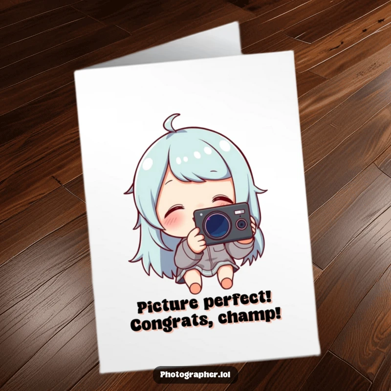 Funny Free Printable Congrats Card: Giggling photographer reviewing a shot, celebrating joyous moments with laughter.