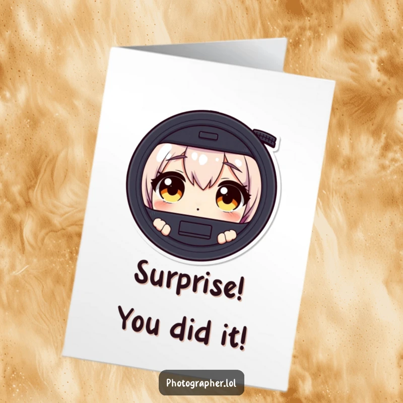 Funny free printable congrats card featuring a character with huge, surprised eyes looking through a camera, witnessing great news.
