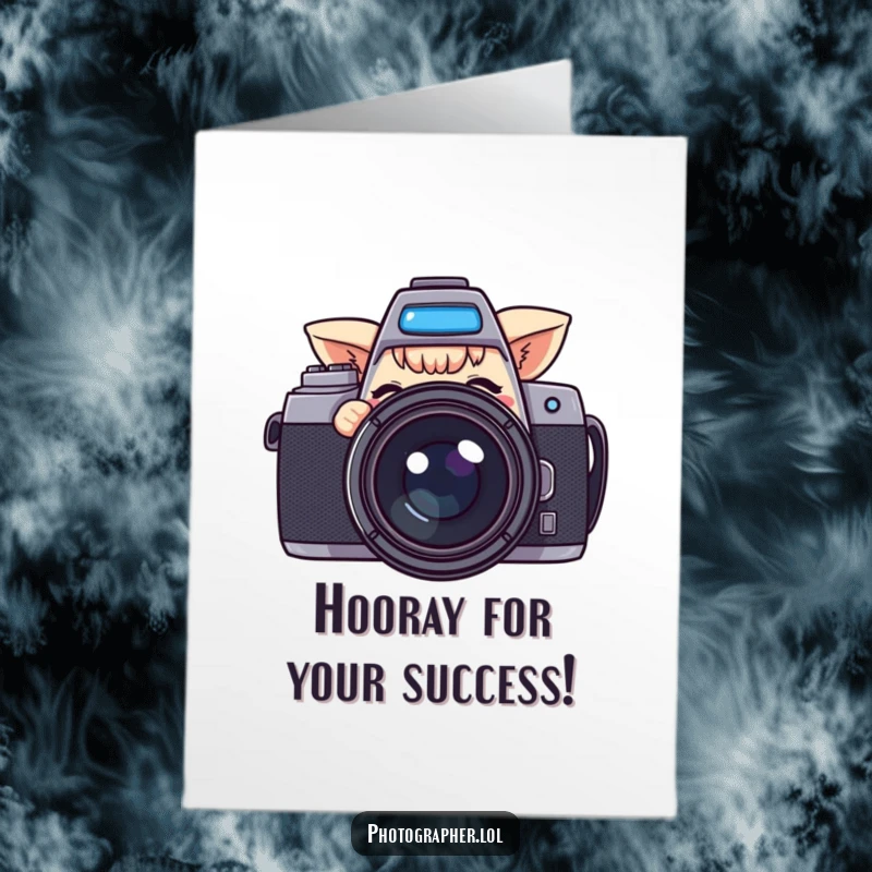 Free Printable Congratulations Card: A playful character winking from behind a big camera, sending cheeky congratulations.