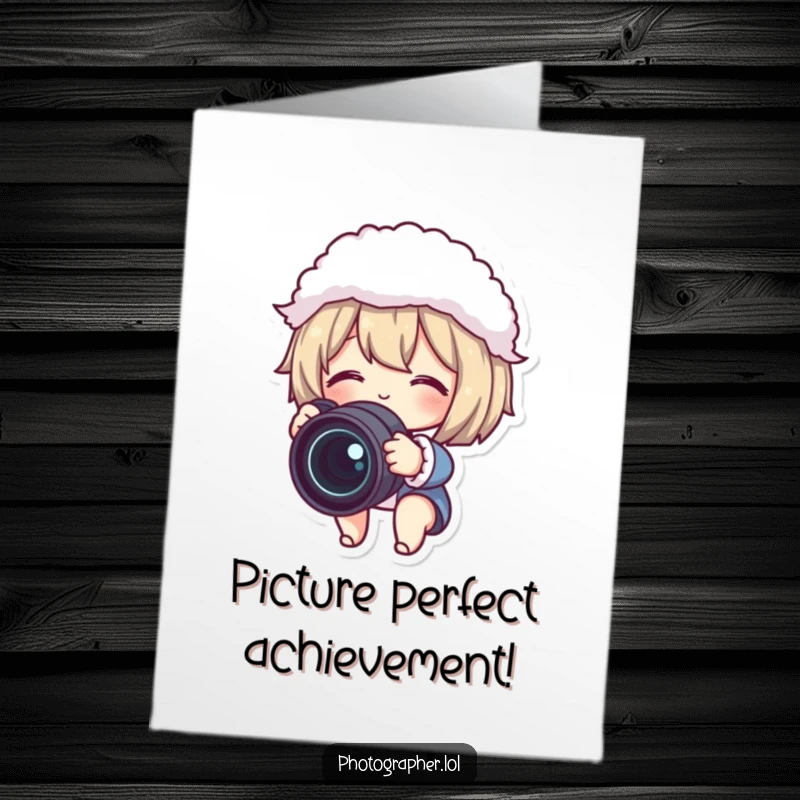 Funny Free Printable Congratulations Card: Cute animal happily adjusting a camera lens, fluffy lens cap, celebrating a great success.