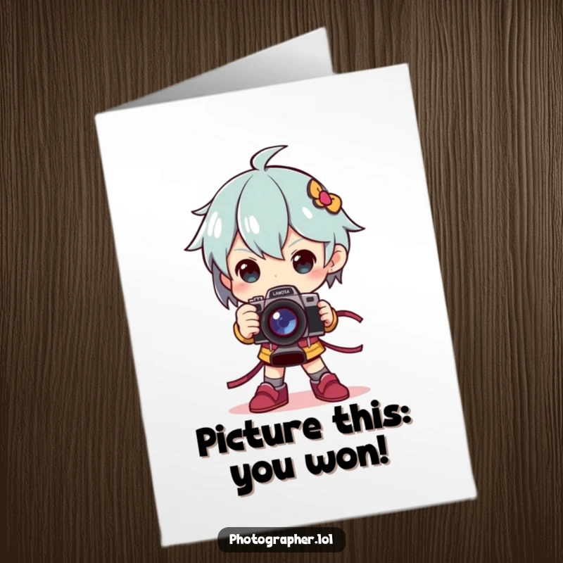 Funny Free Printable Congratulations Card: Character striking a dramatic pose, holding a camera like a trophy, celebrating victory.