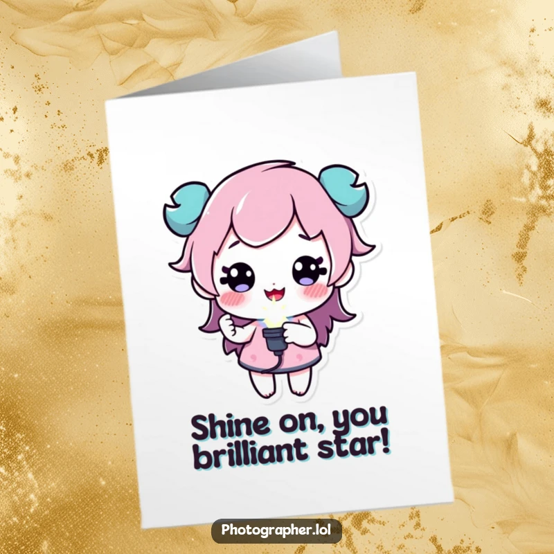Funny Free Printable Congrats Card: Character holding a sparkling flash bulb, celebrating achievements with a bright, humorous glow.