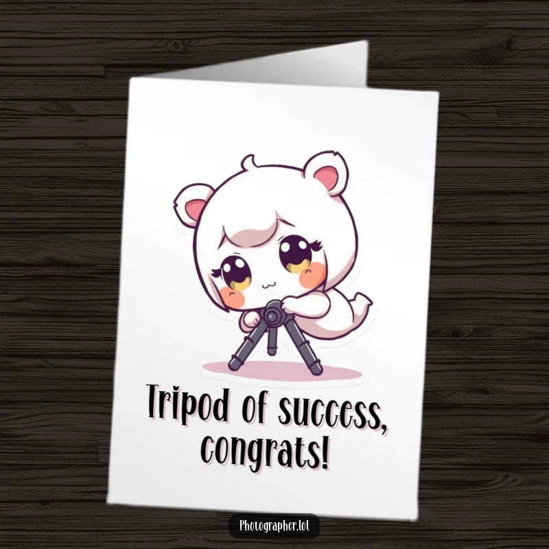 Funny Free Printable Congrats Card: Tiny character with wide eyes hilariously tumbles with a camera tripod, celebrating success with chaotic joy.