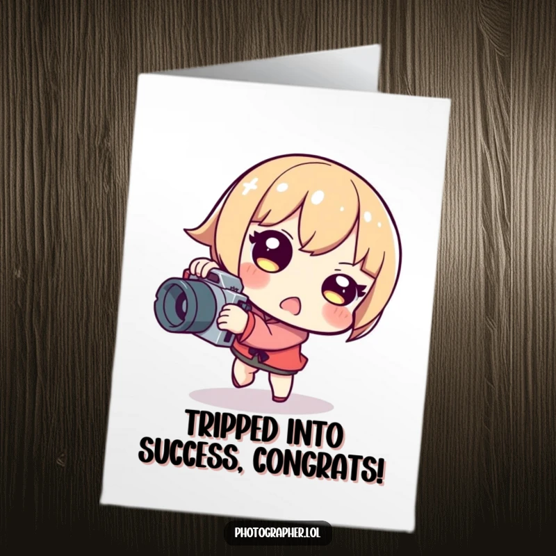 Funny Free Printable Congrats Card: Character tripping with camera, surprised expression, perfect downloadable gift.