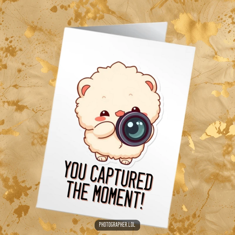 Funny Free Printable Fluffy Congratulations Card, fluffy character with camera, lens cap flying, celebrating achievement, downloadable.