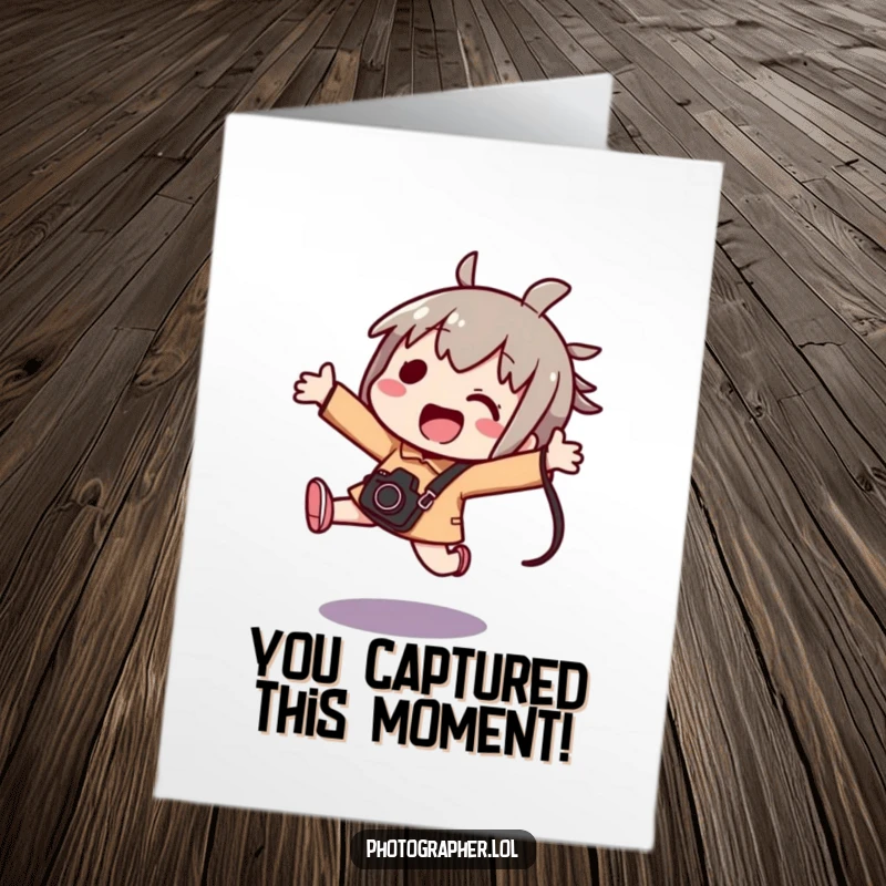 Funny free printable congrats card showing a kawaii character leaping with excitement, camera bag ready to document success.