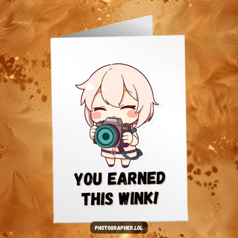 Funny free printable congratulations card featuring a character winking while adjusting a camera strap, smiling.