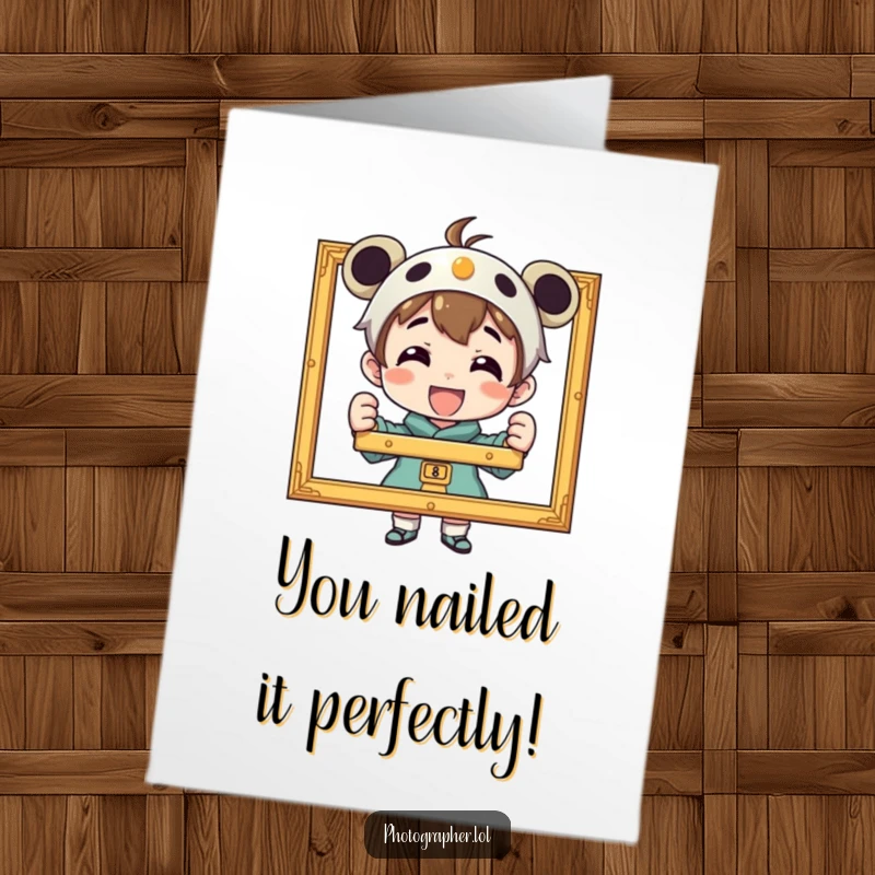 Funny Free Printable congratulations card: A proud character beams, displaying a perfectly framed photograph.