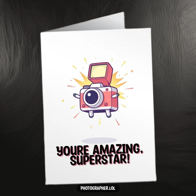 Free Printable Congratulations Card: Cute icon mid-air leap, camera flash bursting with joy, celebrating a big success.