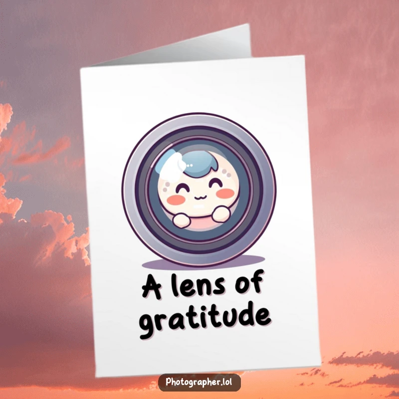 Funny free printable thank you card: a round, blushing character hides behind a giant camera lens, peeking out with a shy thank you.