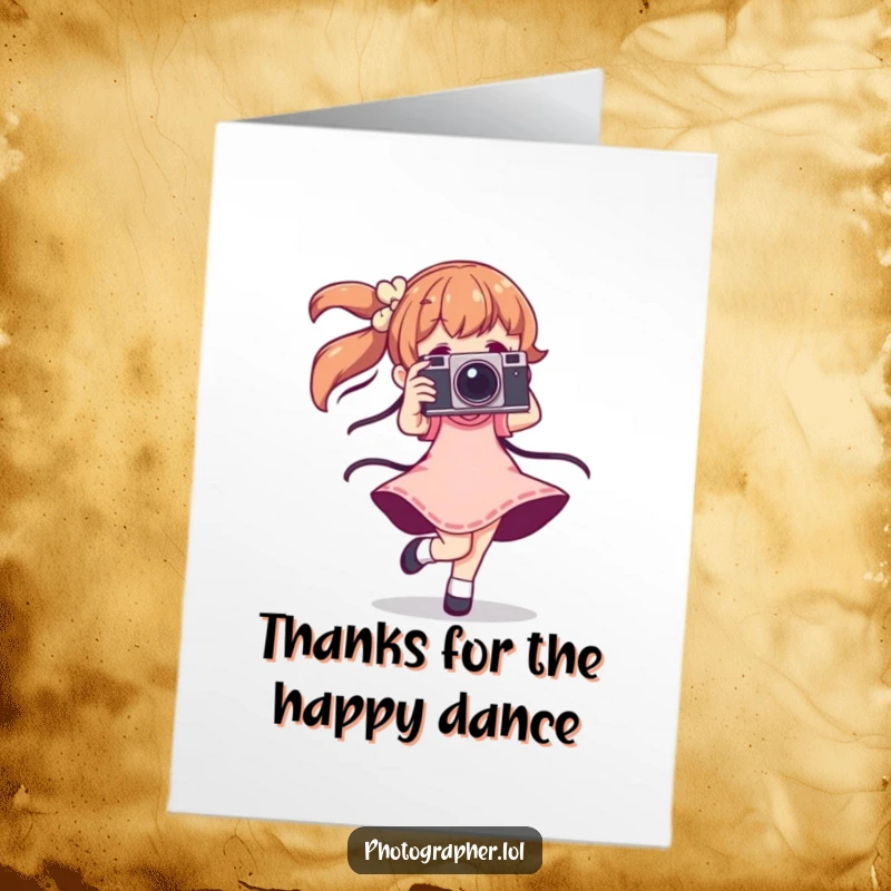 Funny Free Printable Thank You Card: Character dancing with vintage camera, mid-twirl, perfect downloadable gift.