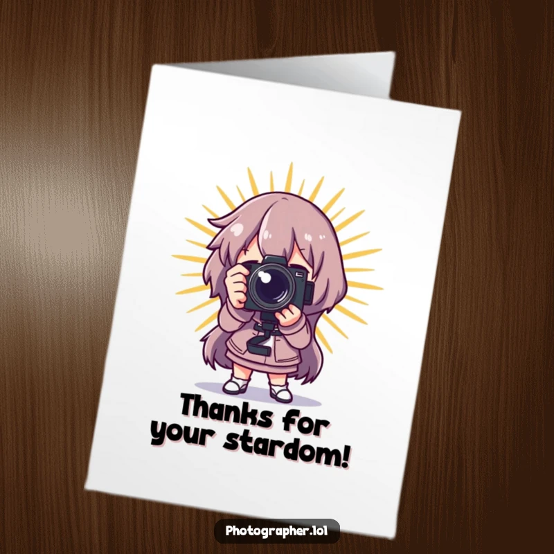Funny Free Printable Thank You Card: Character poses dramatically with a camera amid a starburst.