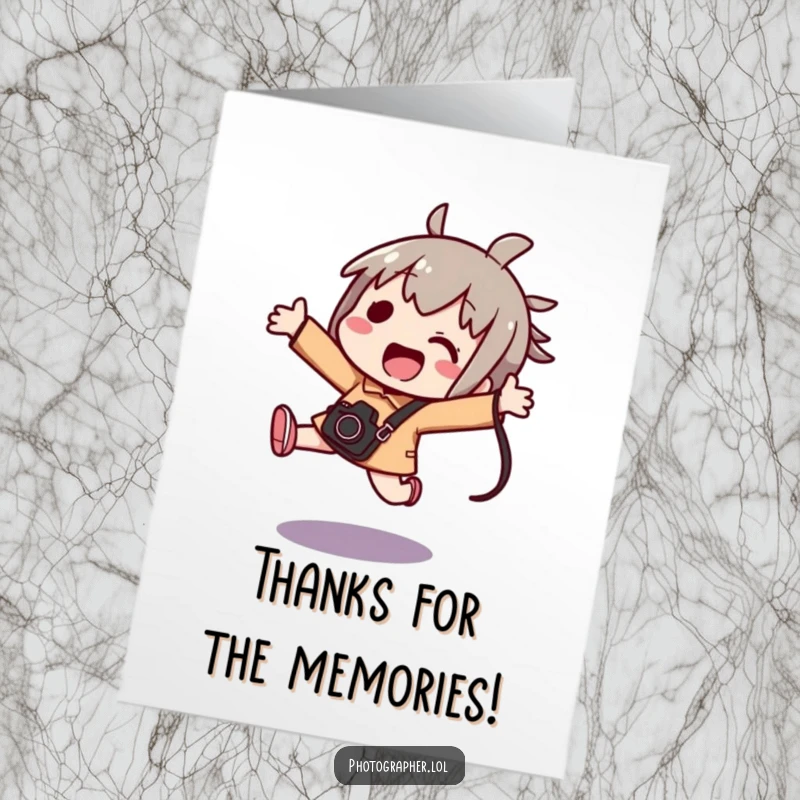 Funny free printable thank you card featuring a cute kawaii character jumping happily with a camera bag, sending thanks.