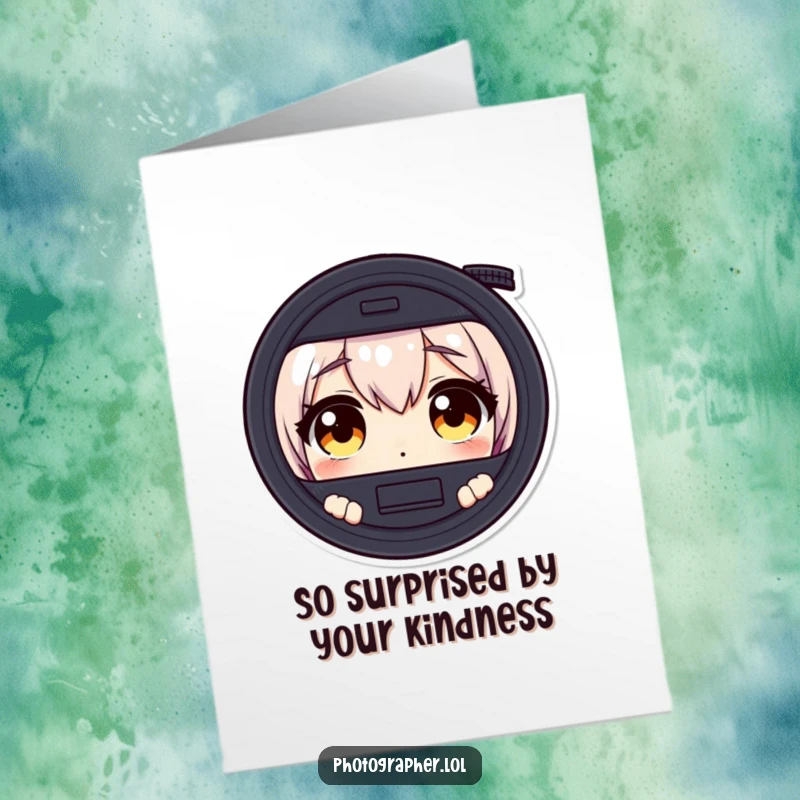 Funny free printable thank you card; character with wide, surprised eyes focused through a camera viewfinder, conveying shock and thanks.