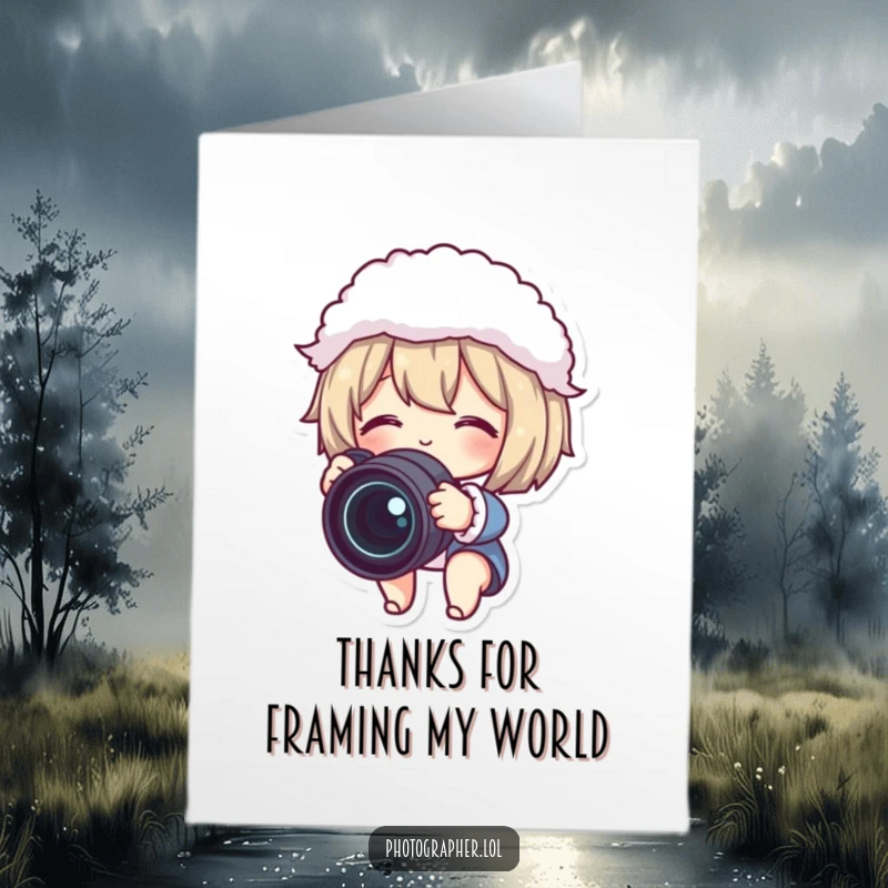 Funny Free Printable Thank You Card: Cute animal adjusting a camera lens with a fluffy lens cap, expressing thanks.