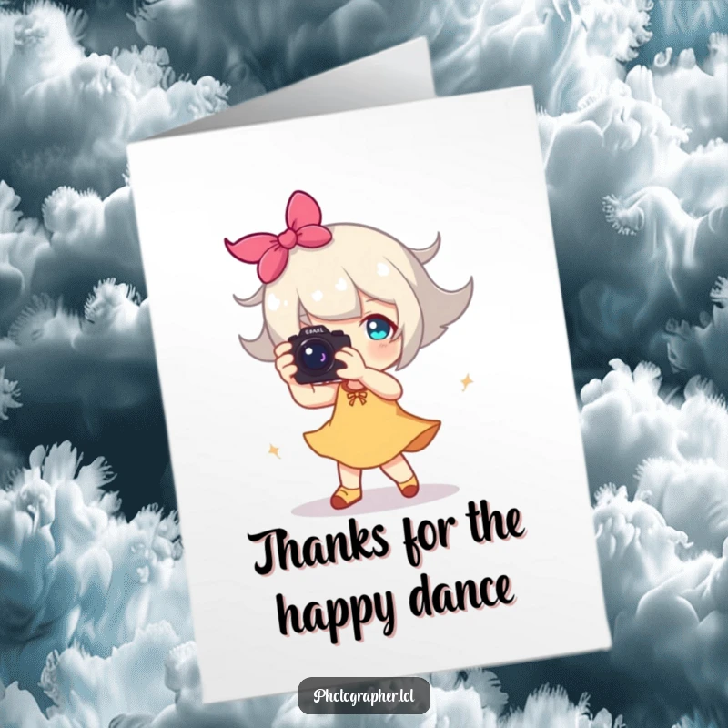 Funny Free Printable Thank You Card: Photographer dancing with a camera, a happy blur of motion, saying thanks.