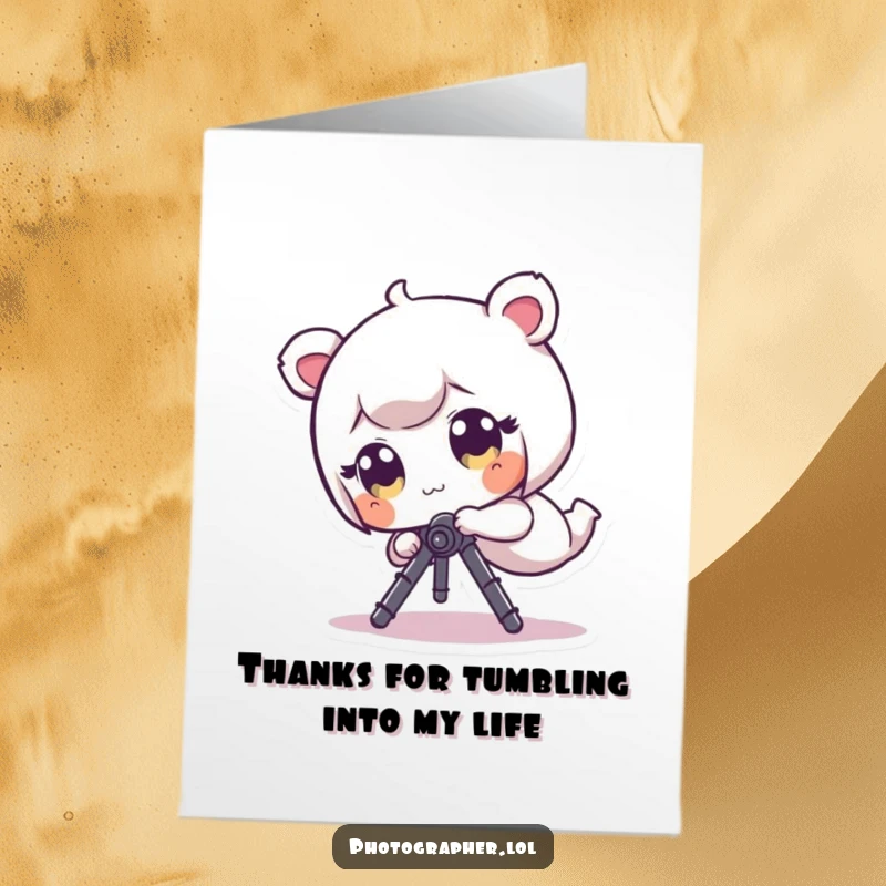 Funny Free Printable Thank You Card: A tiny character with wide eyes is playfully tumbling with a camera tripod, showing thanks in a funny way.
