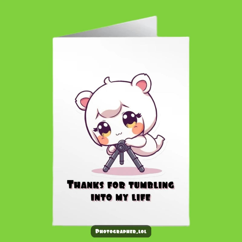 Free Printable Thank You Card: Funny Tiny Character Tumbles with Tripod, Amusing Downloadable Gift