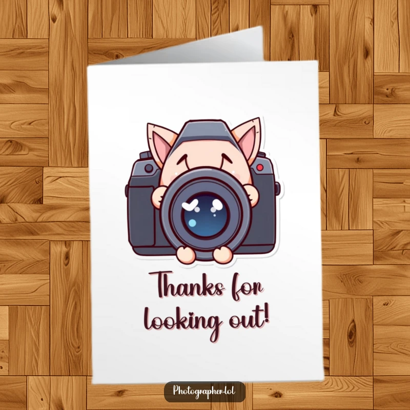 Funny Free Printable Thank You Card: Character peeking behind a camera lens with a mischievous grin, sending thanks.
