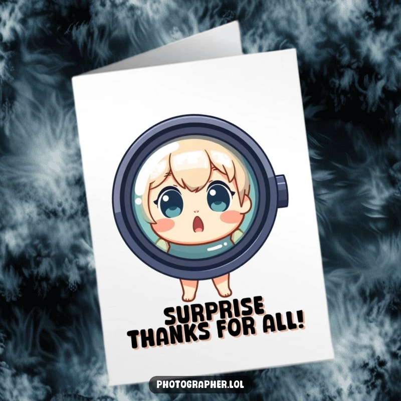 Funny Free Printable Thank You Card: Surprised character peeking out from behind a giant lens, thanking you with a comical shock.