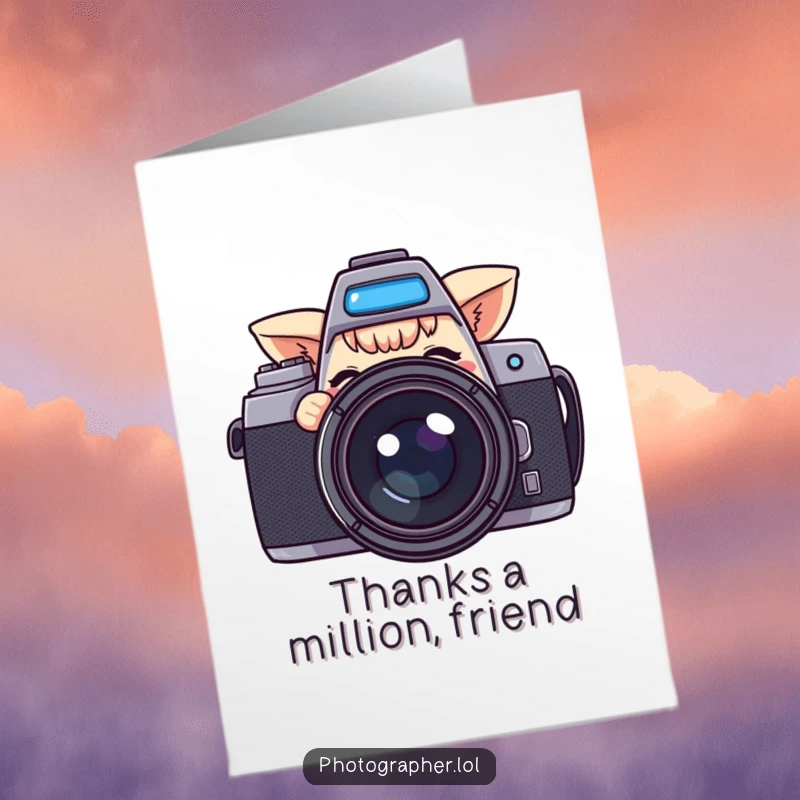 Free Printable Thank You Card: A cute character peeking around a large camera, giving a playful wink, a funny thank you.