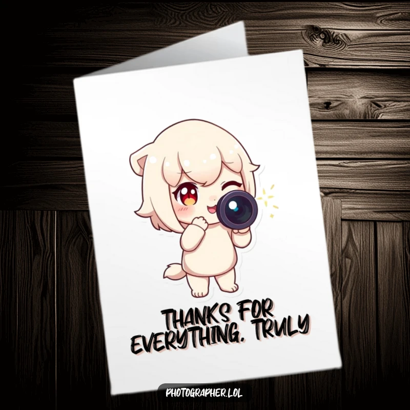 Funny Free Printable Thank You Card: Winking character with camera and sparkling trail, showing gratitude with a playful wink.