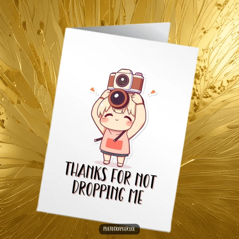 Funny Free Printable Thank You Card: Character balances a camera on their head with clumsy delight, a charming downloadable gift.