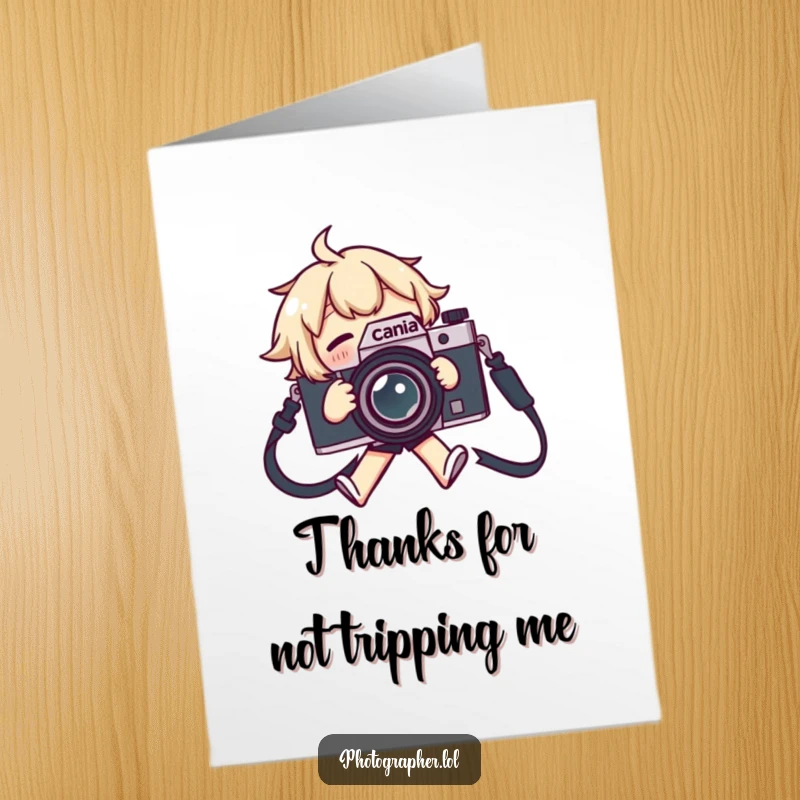 Funny Free Printable Thank you Card: Character trips over camera strap, flailing arms and legs, ideal for DIY.
