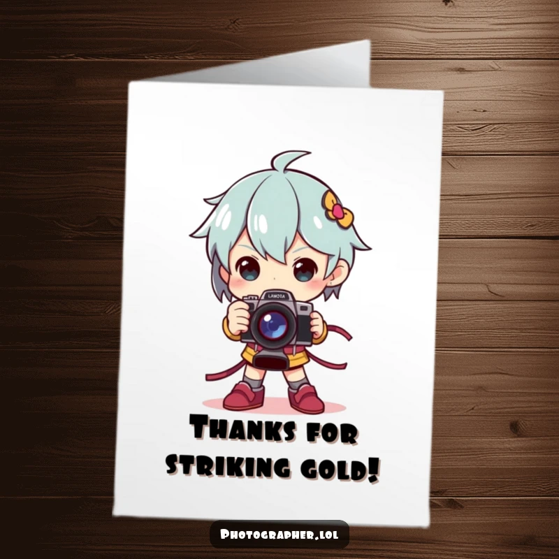 Funny Free Printable Thank You Card: Character striking a dramatic pose, holding a camera like a trophy, expressing thanks.