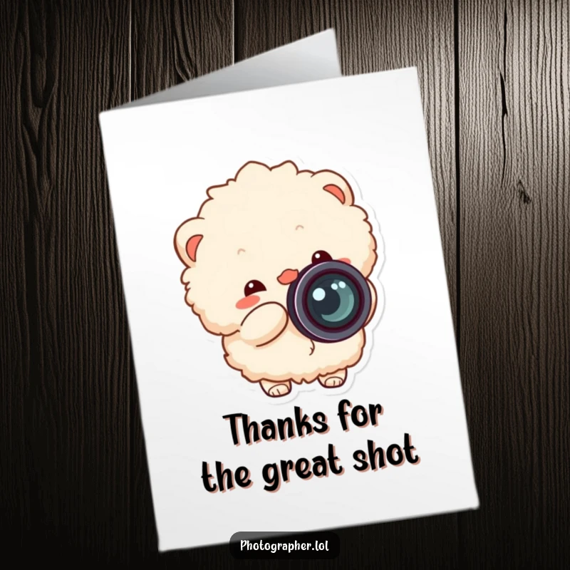 Funny Free Printable Fluffy Thank You Card, fluffy character snapping camera, lens cap flying, expressing thanks, downloadable.