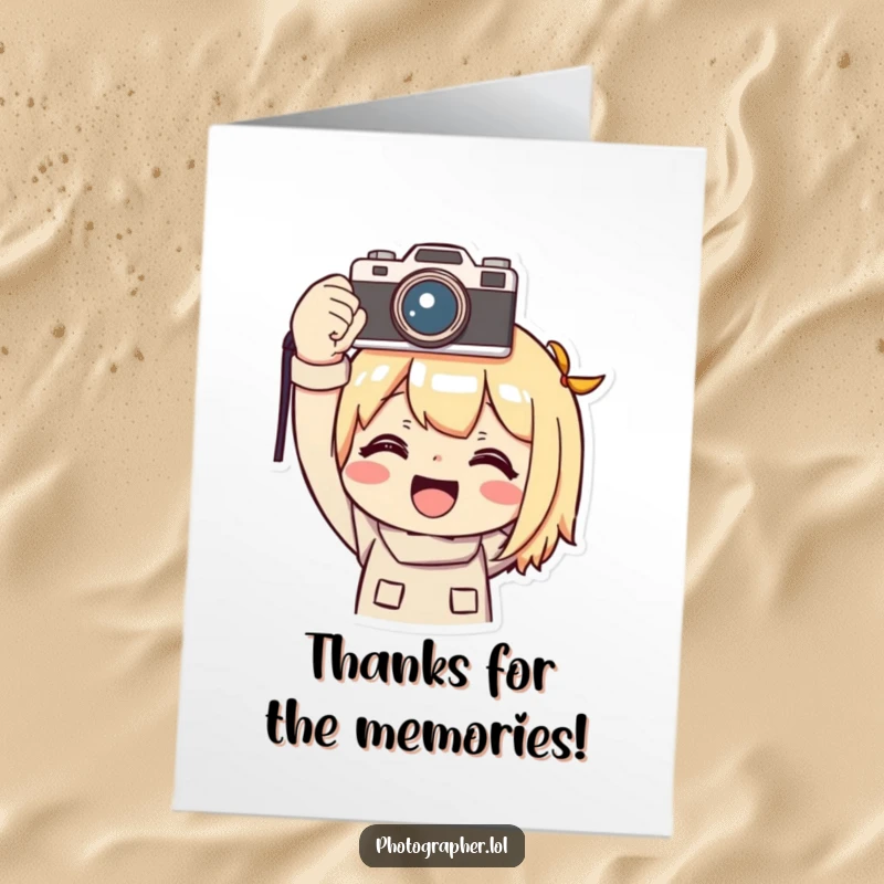 Funny Free Printable Thank You Card: Character smiles triumphantly, holding a camera high.