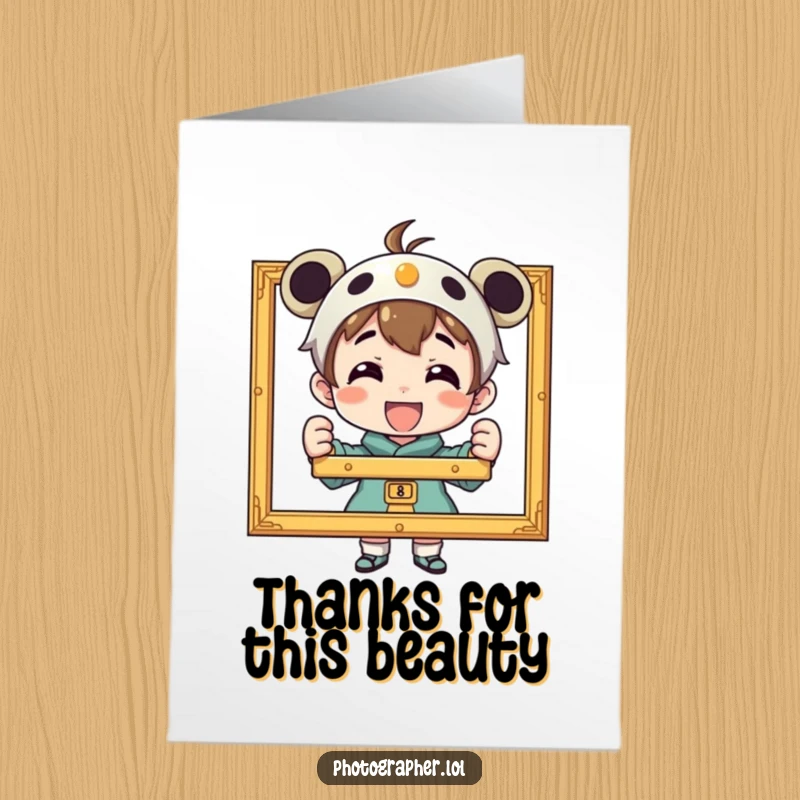 Funny Free Printable thank you card: A proud character beams, showing off a perfectly framed photo.