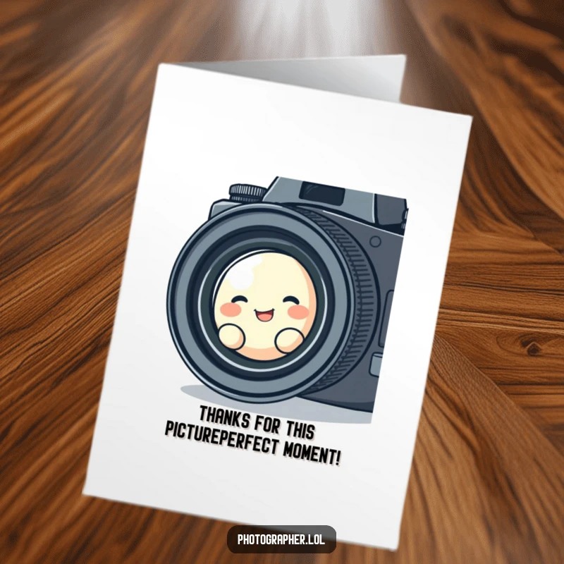 Funny free printable thank you card of a cute blob character giggling while peeking via a camera lens.
