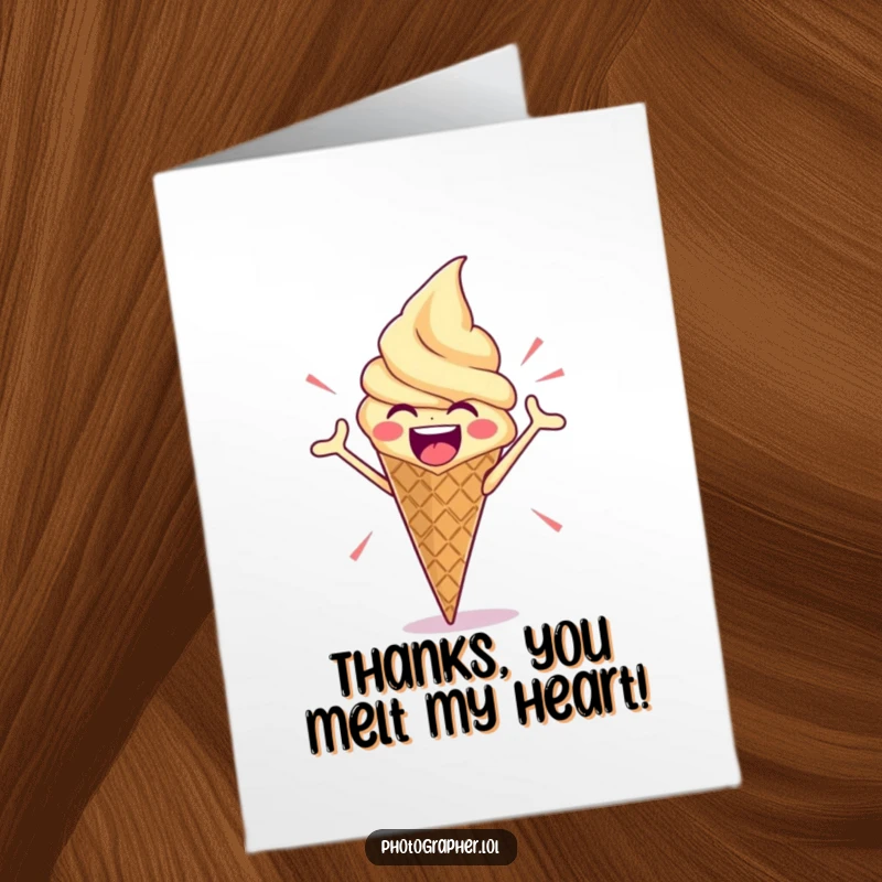 Funny free printable thank you card: an enthusiastic ice cream cone strikes a dramatic pose, expressing sweet gratitude.