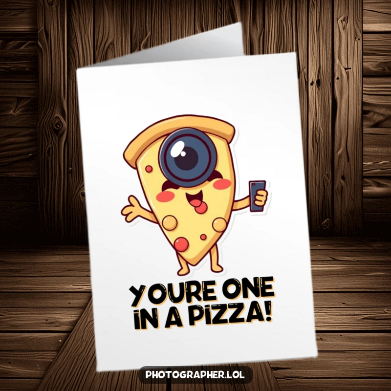 Funny free printable thank you card: a pizza slice wearing a lens hilariously snaps a selfie to say thanks.
