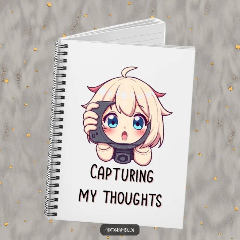 Funny notebook featuring a character excitedly framing a shot, peeking through a viewfinder with wide eyes, for photo notes.